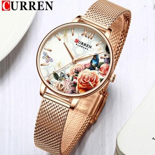 CURREN Women Watch Top Brand Luxury Black Female Waterproof Clock Mesh Stainless Steel Bracelet Flower Ladies Wristwatch 9060