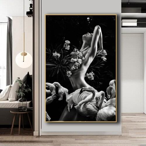 Black Sexy Nude Women Flowers Poster and Prints Modern Flamingo Wall Art Canvas Paintings Pictures for Living Room Decor