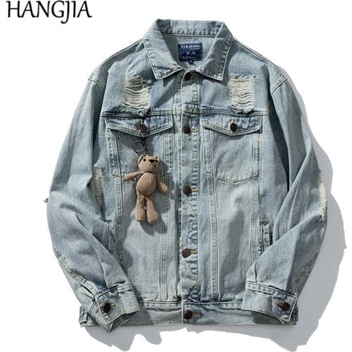 Retro Distressed Frayed Washed Denim Jacket Japanese Streetwear Jean Jackets Fashionable Bear Toy Couple Ornaments Denim Outwear
