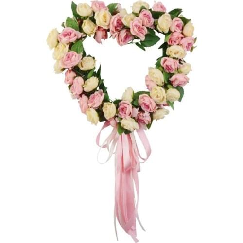 Artificial Rose Flower Heart-Shaped Ribbon Door Hanging Wreath For Front Door Wall Window Wedding Party Home Decor-ABUX