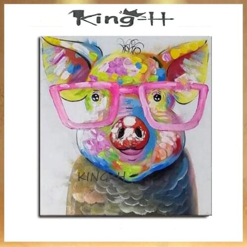 Gift Handmade Dr Pig oil painting on canvas modern animal Cartoon pig with glasses wall art pictures for living room bedroom