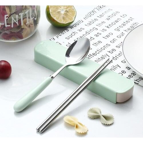 Creative stainless steel spoon chopsticks two-piece set ceramic handle portable chopsticks spoon set candy color gift tableware