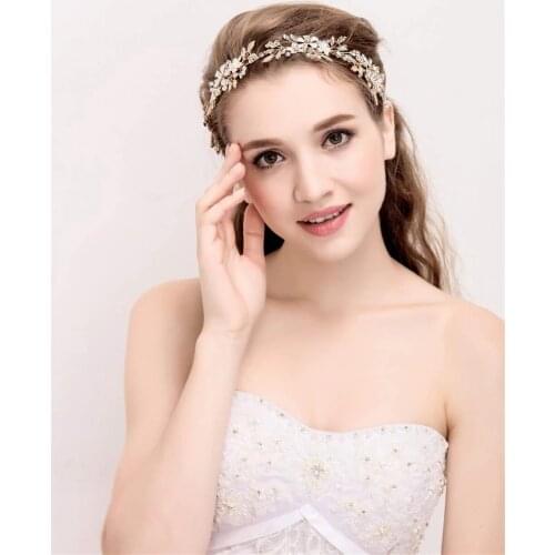Fashion Luxury Bride Golden Crystal Pearl Flower Headband Headdress Ladies Wedding Hand-Woven Hair Accessories Jewelry