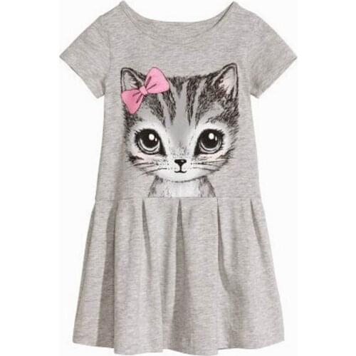 2017 Fashion Summer Girl Dress Cat Print O-neck Girl Princess Dress Children Clothing Grey Pink