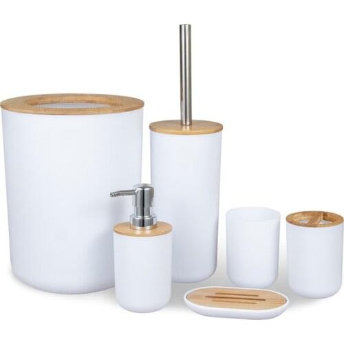 6 Pieces Bathroom Accessories Set Bamboo Room Set Toothbrush Holder Soap Dispenser Toilet Brush Trash Can Bathroom Essential Set
