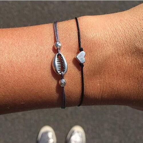 Miss JQ Bohemian Simple Shell Heart Shape Bracelets Set for Women Girl Summer Beach Hand-knitted Black rope Bracelets Jewelry