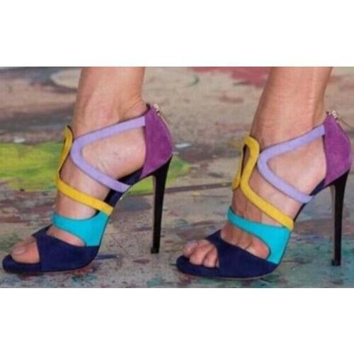Drop Shipping 2019 New Brand Woman Summer Colorful Blue Yellow Purple Open Toe Zip Back Cuts Out Thin Heel Sandals Big Size Lady