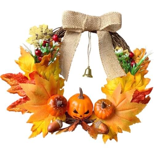 Christmas Wreath Unique Pumpkin Artificial Plant Rattan Wall Hanging Garland Ornament Home Decor for Halloween Thanksgiving Xmas