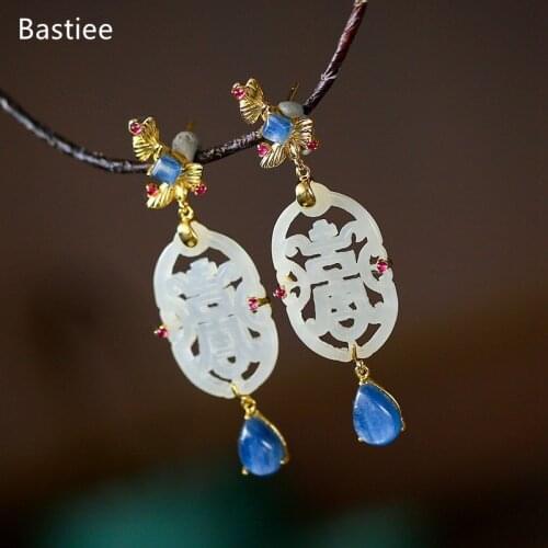 Bastiee Earrings For Women Geometric Silver 925 Jewelry Vintage Jade Korean Earrings Golden Plated Sterling Silver
