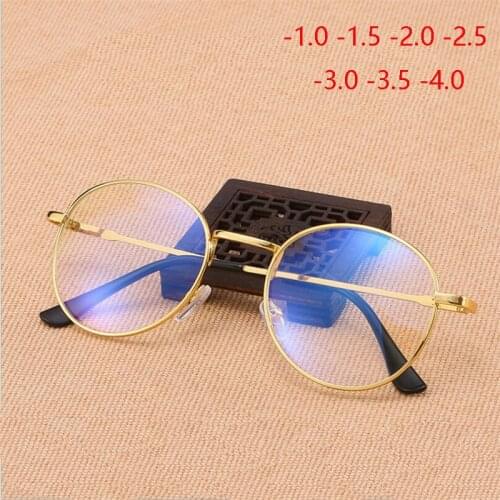 Retro Literary Student Finished Myopia Glasses Women Metal Golden Frame Men Nearsighted Glasses Prescription -1.0 -1.5 To -4.0