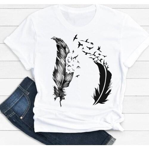 Women Clothes Cartoon Watercolor Aesthetic Feather Summer Print Fashion Tshirt Female Short Sleeve Tee Top Graphic T-shirt