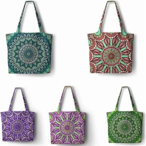 Mandala flower geometric pattern woman Handbag Linen polyester shopping Tote Home Storage with Casual Traveling Beach Bags