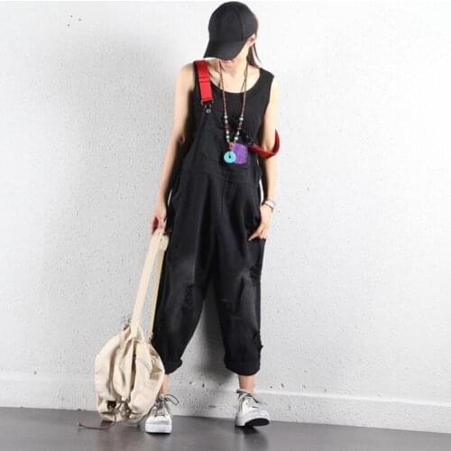 2020 Spring Ripped Hole Women Denim Overalls Jeans Hit Color Vintage Jumpsuit Pants Ladies Retro Jeans Romper