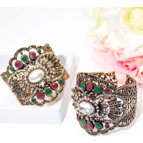 SUNSPICE MS Retro Turkish Bangle Women Ethnic Wedding Jewelry Big Cuff Bracelelt Vintage Rhinestone Bangle C Antique Gold Color