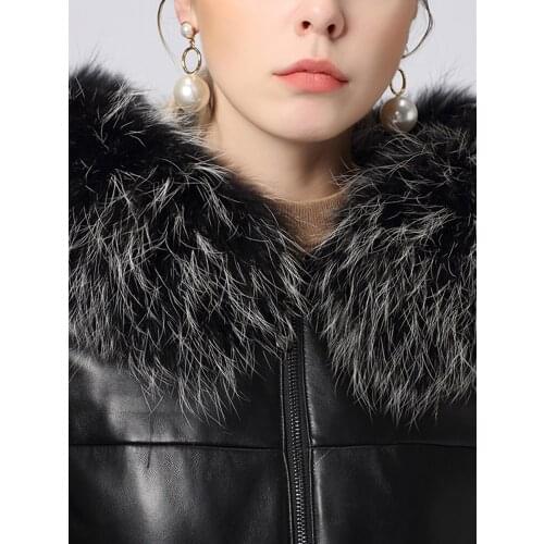 Women coat with raccoon fur collar, genuine leather winter down long hooded jacket, chaquetas