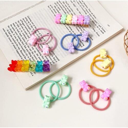 5/10 Pcs/Set Children Cute Acrylic Cartoon Bear Scrunchies Rubber Bands Girls Sweet Colors Hair Clips Kids Hair Accessories