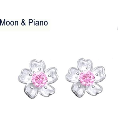 925 Sterling Silver Pink Zircon Sakura Stud Earrings Sweet Cherry Blossoms Office Lady Fine Jewelry for Woman Wedding Gift