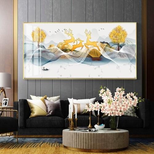 Abstract Golden Moutain Deer Canvas Painting Sunrise Sunset Poster and Print for Living Room Cuadros Decoracion Nordic Wall Art