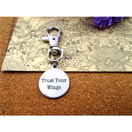 3pcs/lot high quality keychain with 20mm stainless steel circle round " trust your wings" charms keychain