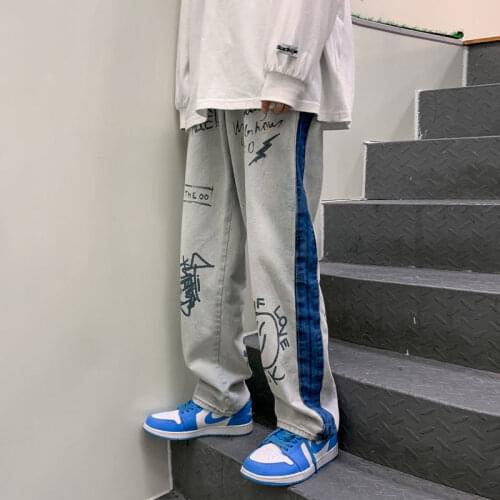 Mens Streetwear Pants Hip Hop Jeans Mens Straight Loose Male Wide Leg Pants Fashion Spring Summer Thin Graffiti Printing Pants