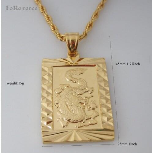 Foromance/ YELLOW GOLD GP OVERLAY 24" ROPE NECKLACE & RECTANGLE SHAPE WITH DRAGON AND CHINESE WORD FORTUNE PENDANT