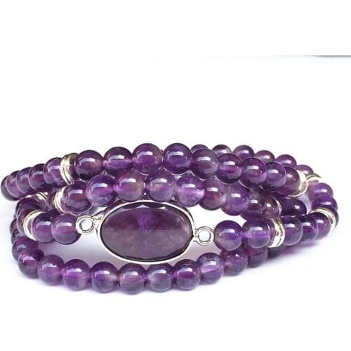 FYJS Unique Silver Plated Ovla Natural Purple Amethysts Stone 6 mm Round Beads Bracelet Handmade Jewelry