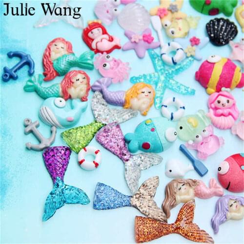 Julie Wang 30PCS Resin Mixed Ocean Series Charms Mermaid Fish Starfish Octopus Anchor Boat Pendants Jewelry Making Accessory
