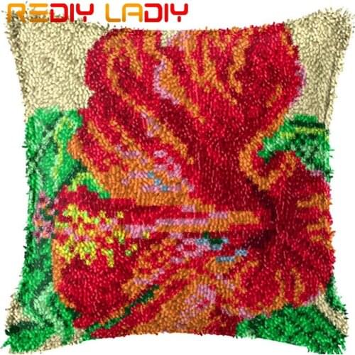 Latch Hook Cushion Red Flowers Pre-Printed Canvas Cushion Front Acrylic Yarn Crochet Pillow Case Kit Sofa Bed Pillow Home Decor