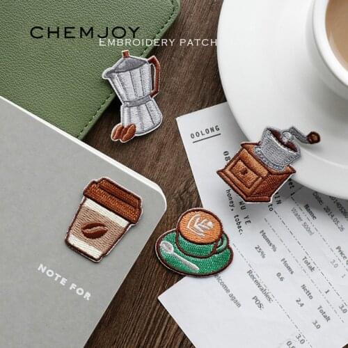 Set of 4 Embroidery Iron on Patch for Clothing Coffee Cup Clothes Sticker Bags Fabric Badges DIY Apparel Decorative
