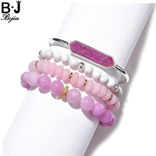 Natural Quartz Druzy Stone Charm Bracelets & Bangles For Women 2021 Fashion White Howlite Pink Dragon Agates Bracelet BCSET306