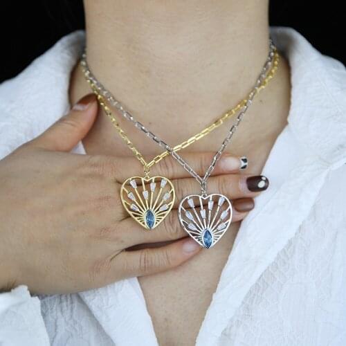 2021 New Valentines Gift Women Jewelry Iced Out White Blue CZ Micro Pave Cubic Zirconia Paper Clip Pin Open Link Chain Necklace