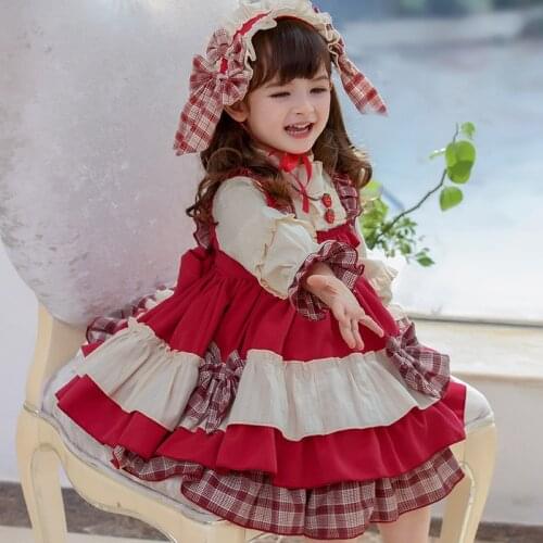 Autumn / Winter Girls' Dress Lolita Style Strawberry Big Bow Knot Plaid Long Sleeve Ruffle Edge Splicing Retro Lovely Dress Red