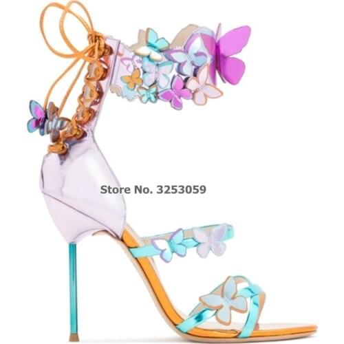 ALMUDENA Pink Blue 3D Butterfly High Heel Sandals Lace-up Charming Wedding Shoes Colorful Gladiator Sandals Factory Real Photo