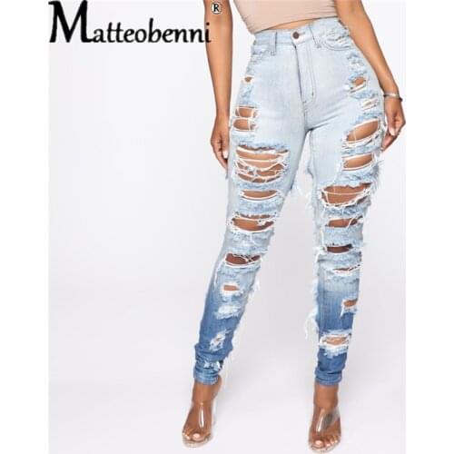Blue Ripped Jeans 2021 Summer Women Sexy Hollow Out Tassel Gradient Pencil Jeans Ladies Fashion Distressed Skinny Denim Trousers