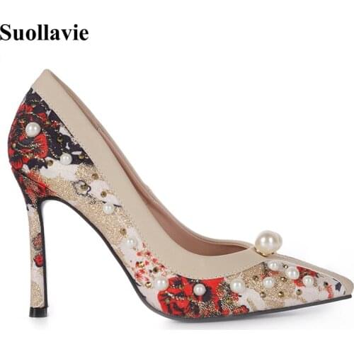 Suollavie Hot female Pumps embroidered pearl ladies shoes pointed toe Thin Heel Designer Brand Stiletto Lace Dress women shoes