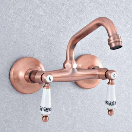 Bathroom Faucet Antique Red Copper Kitchen Mixer Tap Faucet Wall Mounted Dual Handle Hot and Cold Taps zsf892