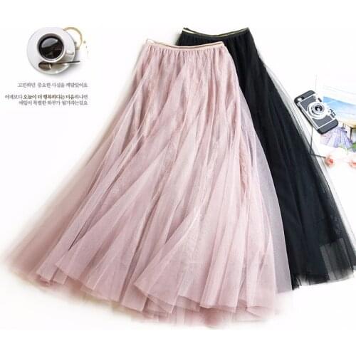 Spring Autumn Women Mesh Skirts Long Skirt Elastic High Waist Floral Lace Skirt Female Ball Gown Skirts Tutu Skirt Saia AB1290