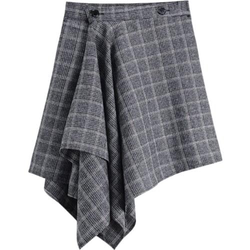 PERHAPS U Women Gray Plaid Empire Button Asymmetrical A-line Mini Skirt Summer S0232