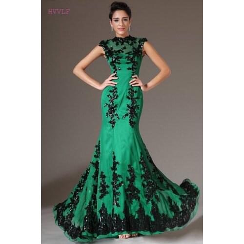 Green Evening Dresses Mermaid Cap Sleeves Chiffon Beaded Appliques Plus Size Long Evening Gown Prom Dresses Robe De Soiree