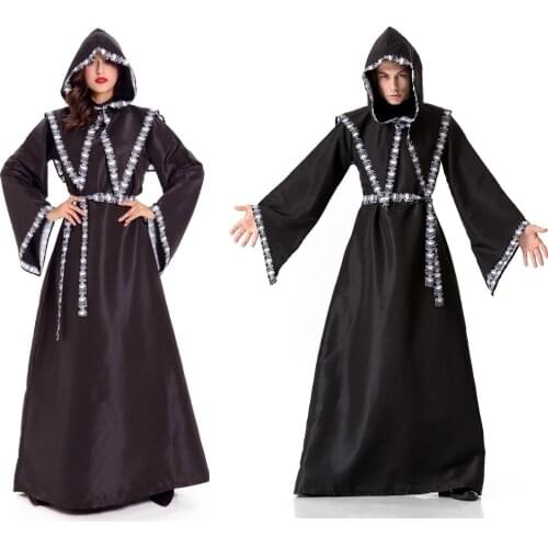 Women and mens Halloween costume Adult Gothic Death Wizard Witch Cloak Cosplay Costume European Religious Priest Robe Uniform