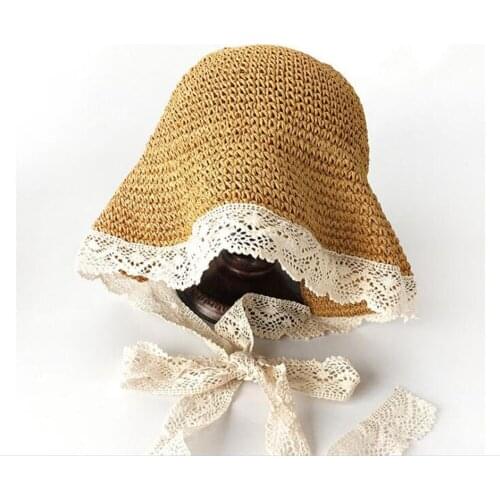 Cute girl Sun Hats Bow Hand Made Straw Beach Brim Girls Lace Windproof Cord women Beach Sun Hat B1171