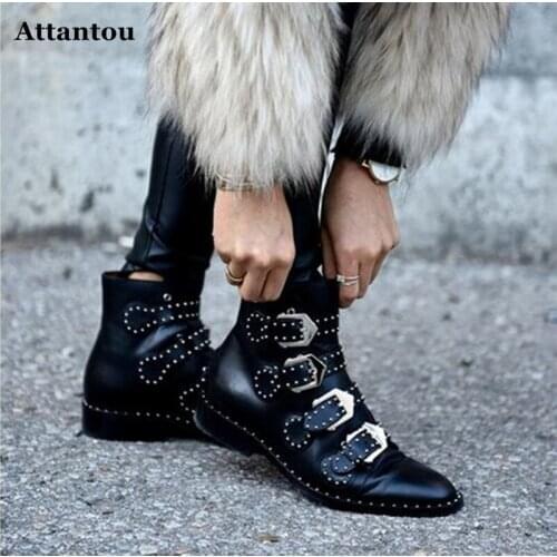New Spring Autumn Genuine Leather Tactical Ankle Boots For Female Western Vintage Rivets Studded Motorcycle Punk Shoes Woman2017