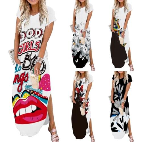 New Vintage Party Dresses For Women Floral Print Short Sleeve Summer Dress Women Plus Size Sundress Pocket Beach Long Dress Boho