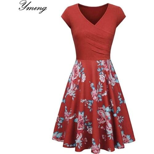 YMING Womens Summer Dress Floral Slim Swing Dress V-Neck Casual Print Short Sleeve Long Dresses Midi Femal