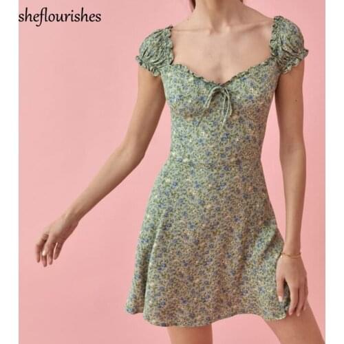Floral dress summer mini dress women vintage A line dresses short sleeve holiday dress women square neck bow tie dresses green