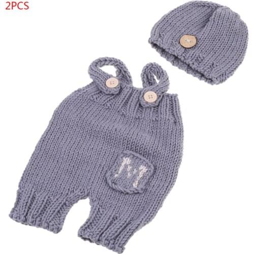 2 Pcs/set Baby Photo Costume Newborn Crochet Knit Overall Bib Pants Hat Clothes 69HE