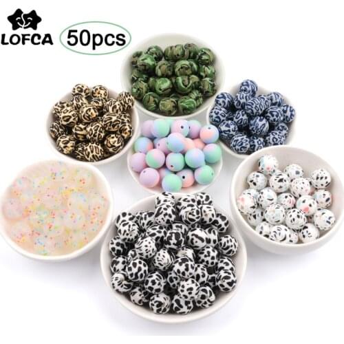 LOFCA 50pcs Leopard print 12/15/19mm Silicone Beads Baby Teether Teathing Beads Tie-dye DIY Chewable Colorful Teething
