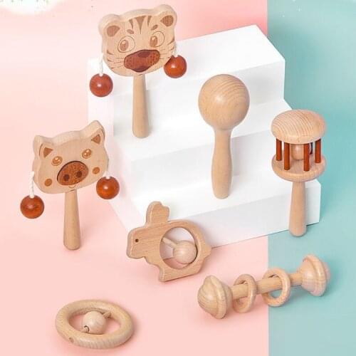 6 Pcs Baby Shower Gift Natural Wooden Teether Rattles Gym Intellectual Puzzle Set Montessori Toys