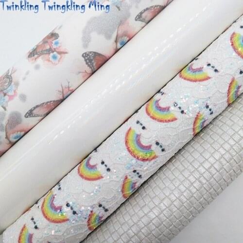 White Rainbow Glitter leather, Butterfly Printed Faux Leather, Grids Synthetic Leather For Bow A4 21x29CM Twinkling Ming KM264