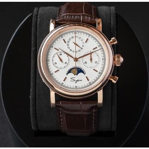 New Fashion Sugess Mens Watch Mechanical Chronograph Male Watches Seagull Movement Sapphire Moon Phase Waterproof Leather Clock